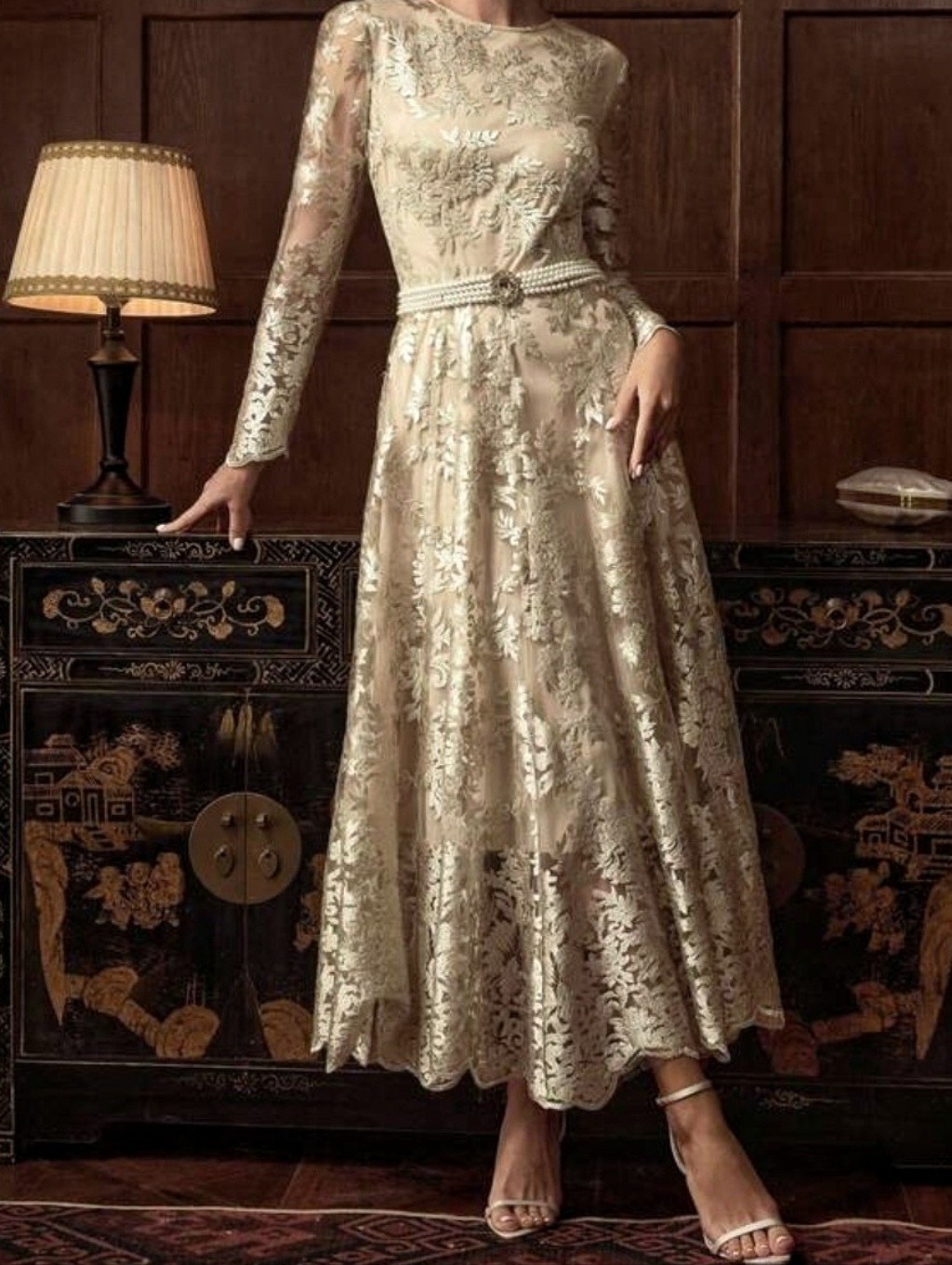 New Luxe Floral Embroidered Jacquard Flare Long Dress Champagne Tan Beige